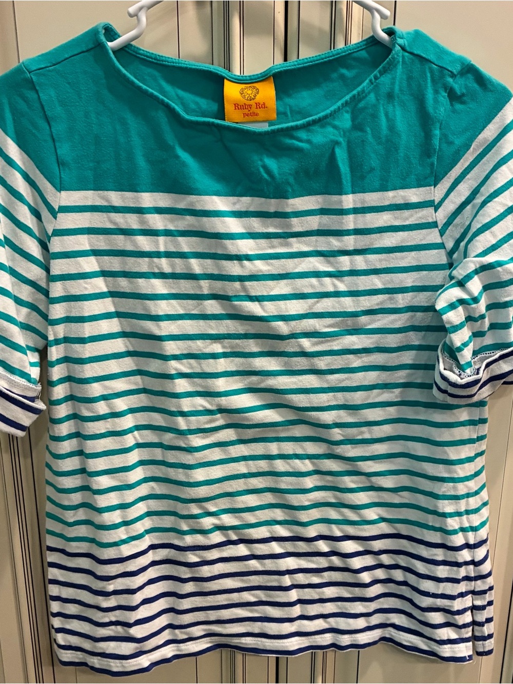 Vintage Petite (M) Ruby Rd. Women Teal & White Striped Top